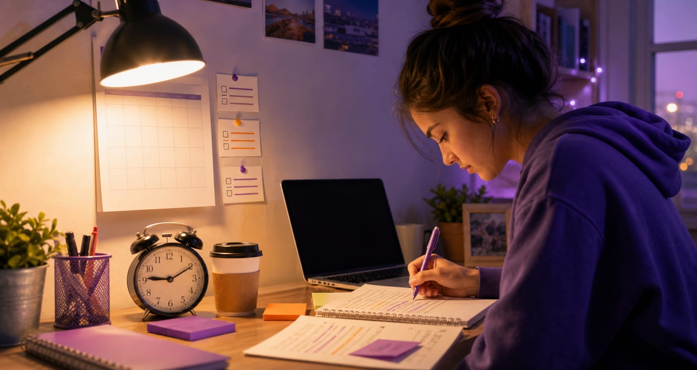 Student writing an essay draft at a desk with notes and a laptop