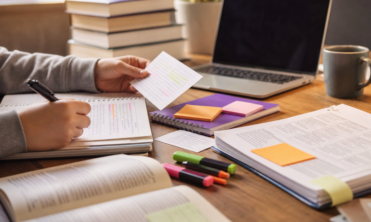 Modern study desk illustration for a freshman's tips on writing