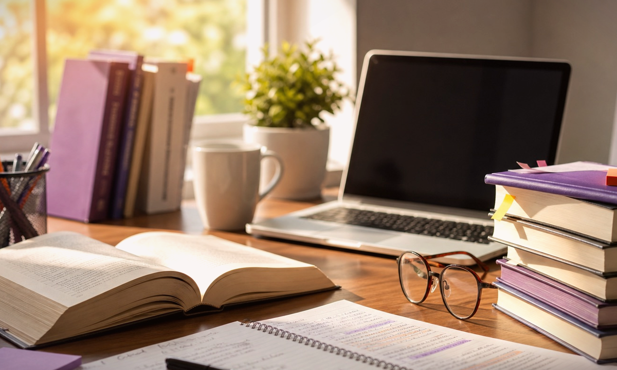 Modern study desk illustration for how to write an essay without library access at university
