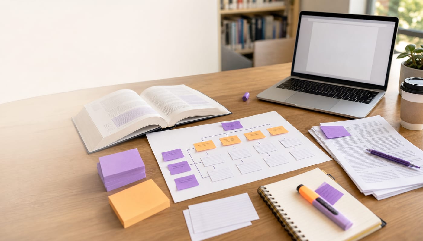 Student organizing research notes, sources, and a laptop before writing