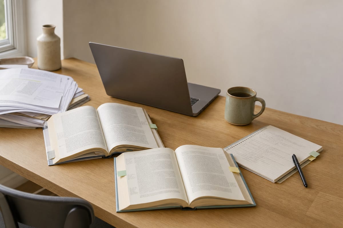 Journal articles and library books open on a desk with margin notes, beside a notebook listing source entries