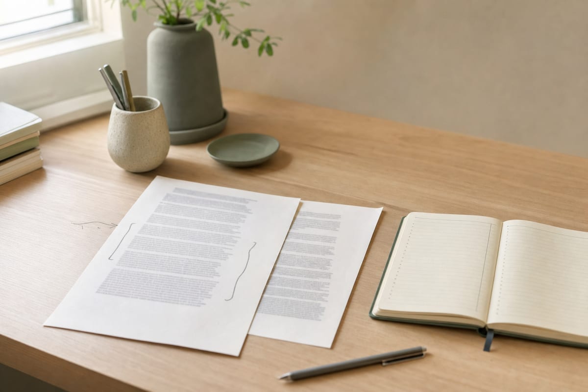 Two printed pages on a desk, one with a paragraph bracketed in pencil and a note in the margin