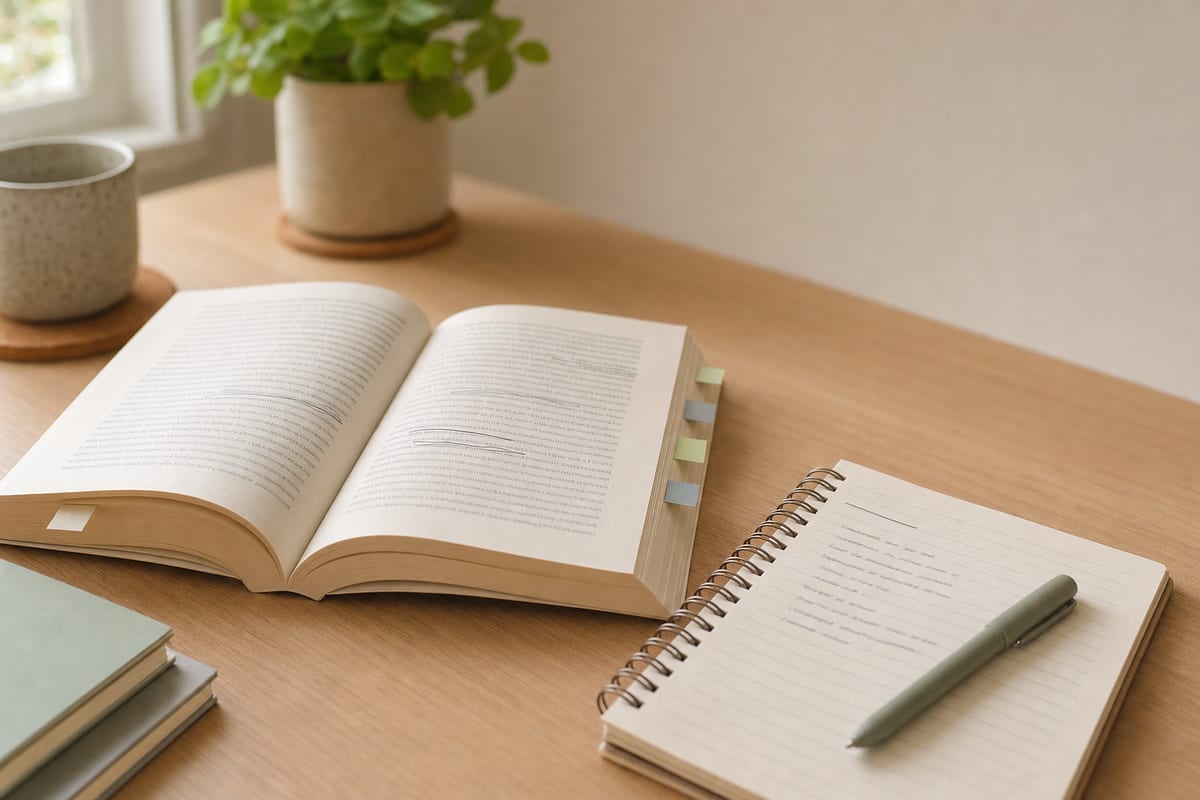 An open novel with underlined passages and sticky tabs, beside a notebook of quoted phrases