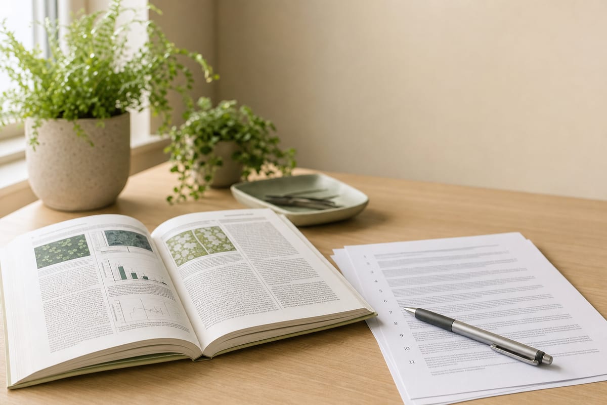 A biology journal open on a lab bench beside a numbered printed reference list