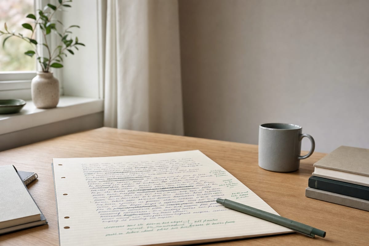 A handwritten paragraph with several phrases crossed out and rewritten in the margin