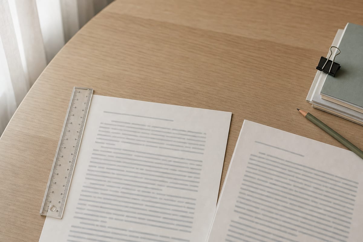 A printed academic paper on a desk with a ruler measuring the white margin along its left edge