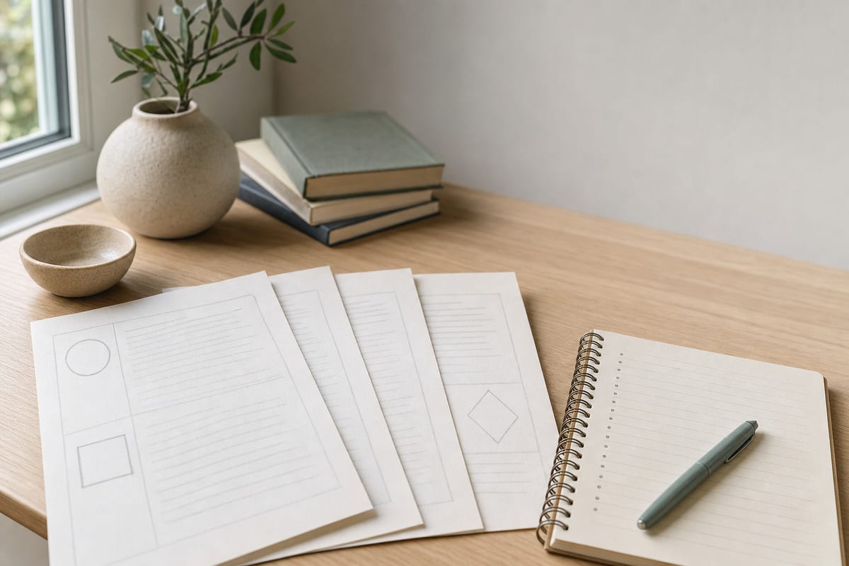 Four printed pages with differently shaped outlines pencilled in their margins