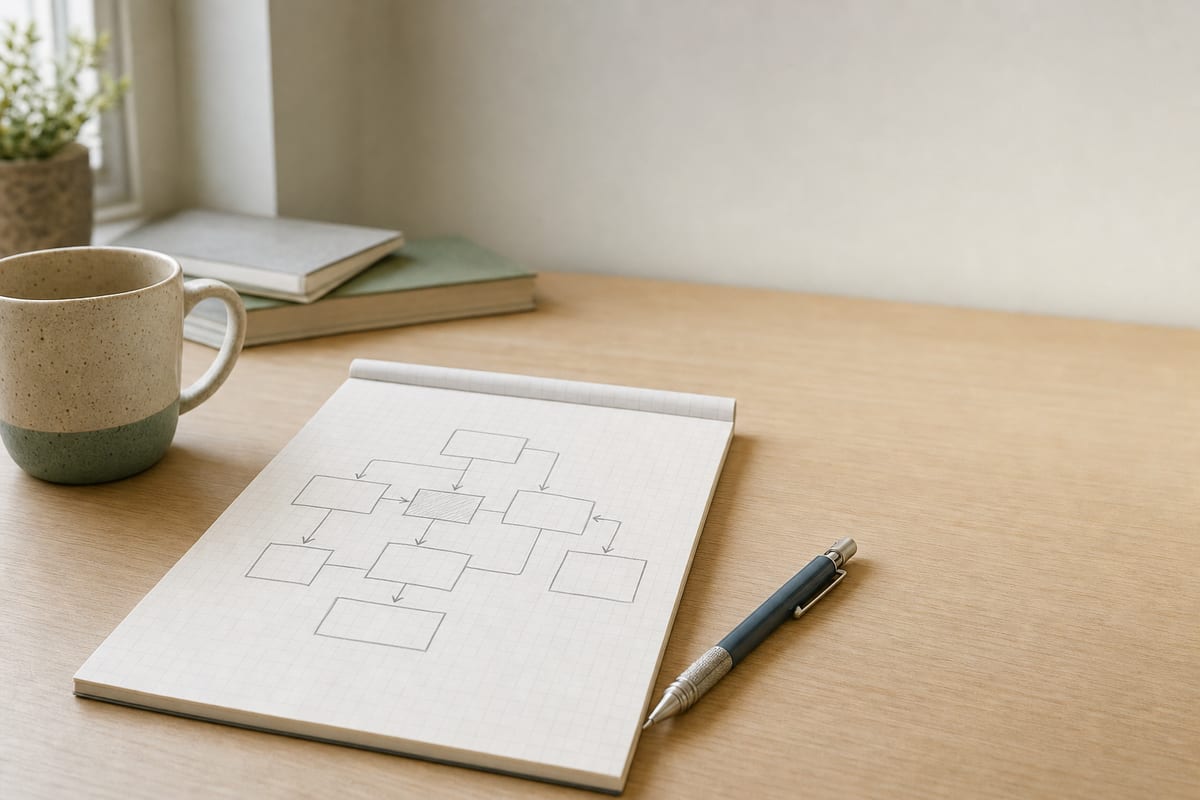 A hand-drawn flow diagram in pencil on graph paper beside a mug and a mechanical pencil