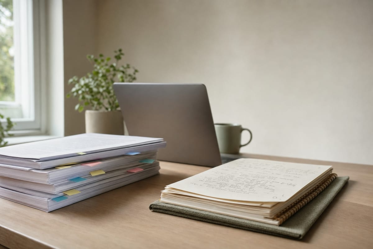 Tabbed journal articles stacked beside a notebook of handwritten notes with page numbers