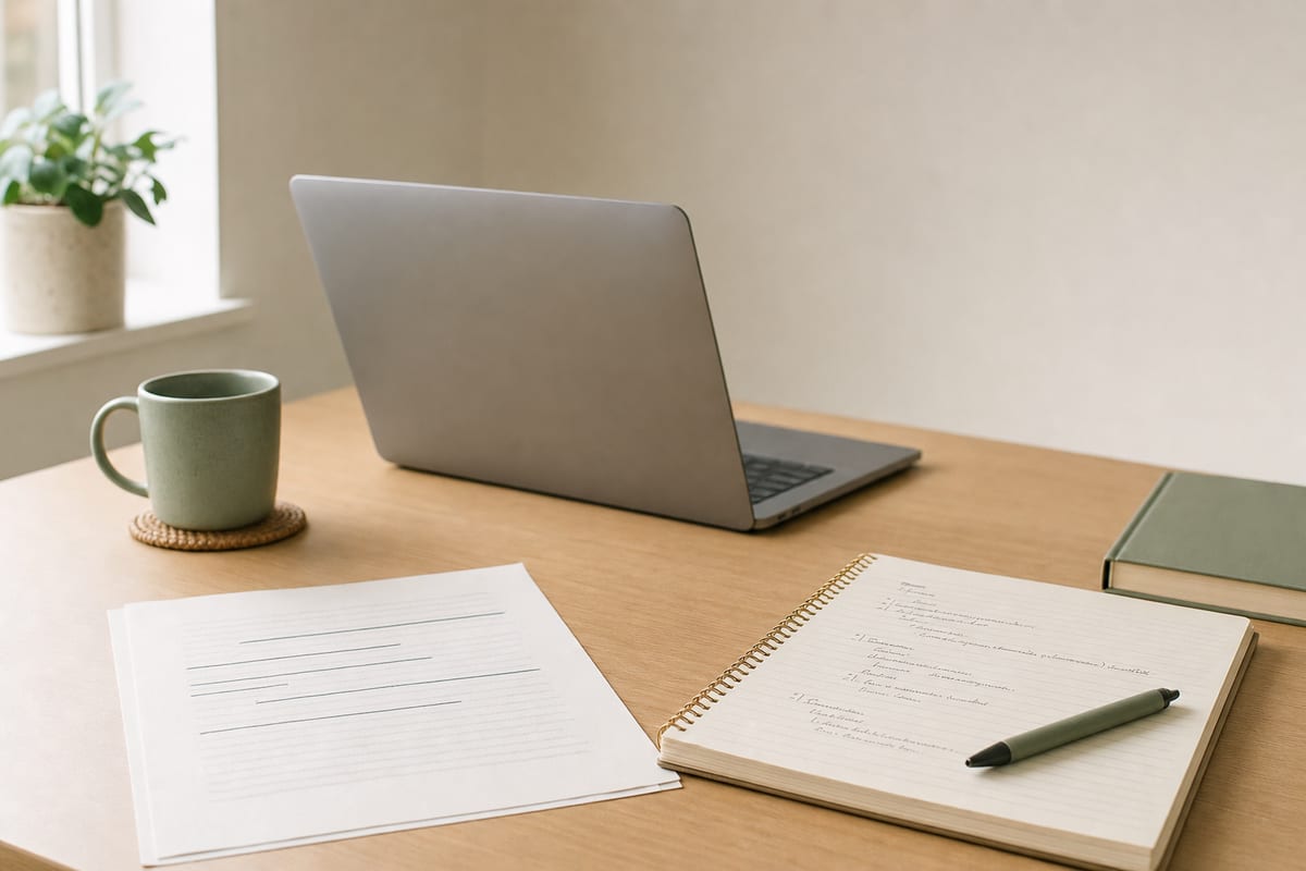A desk mid-process with a printed prompt, a handwritten outline and a laptop turned away