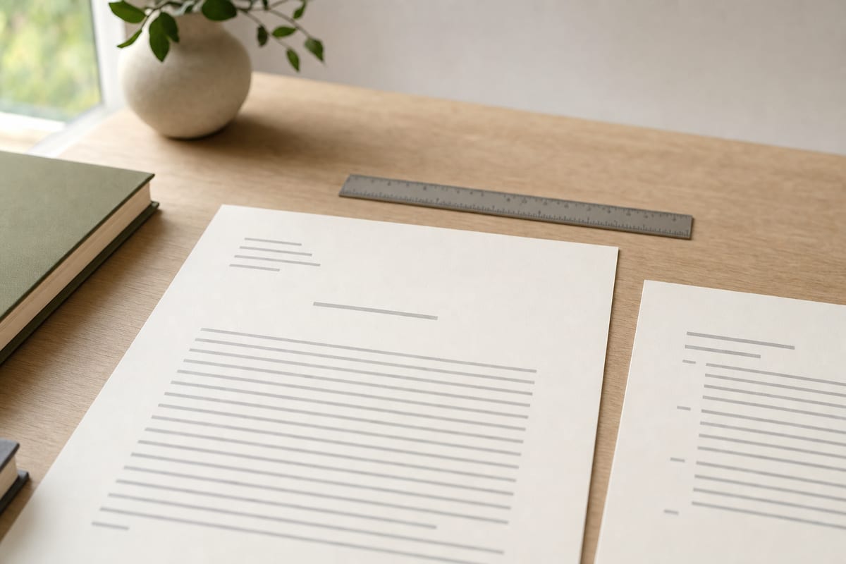 A printed MLA first page beside a sheet of Works Cited entries with hanging indents