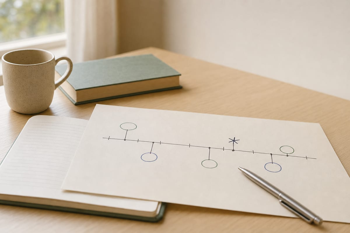 A handwritten timeline with one event circled and starred, a pen resting beside it