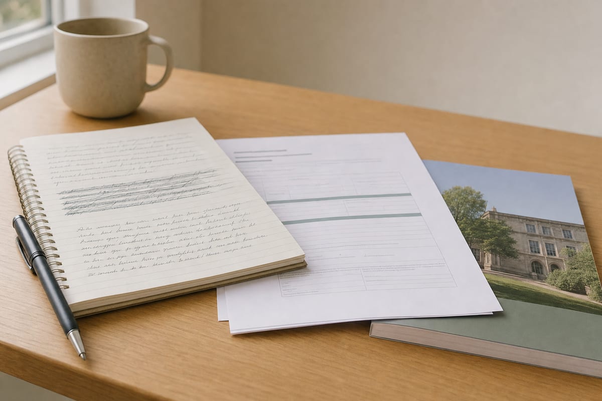 A handwritten application draft with paragraphs crossed out and rewritten below