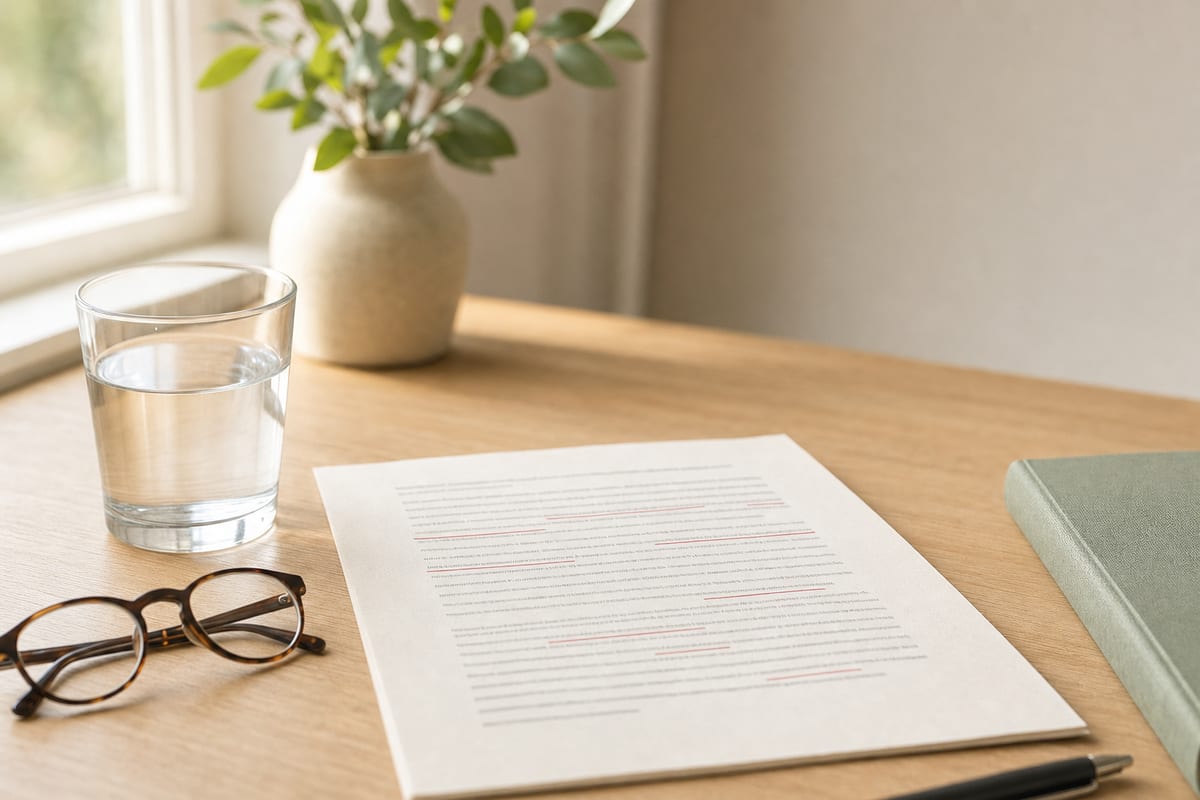 A printed speech draft with phrases underlined in red, beside a glass of water and folded glasses