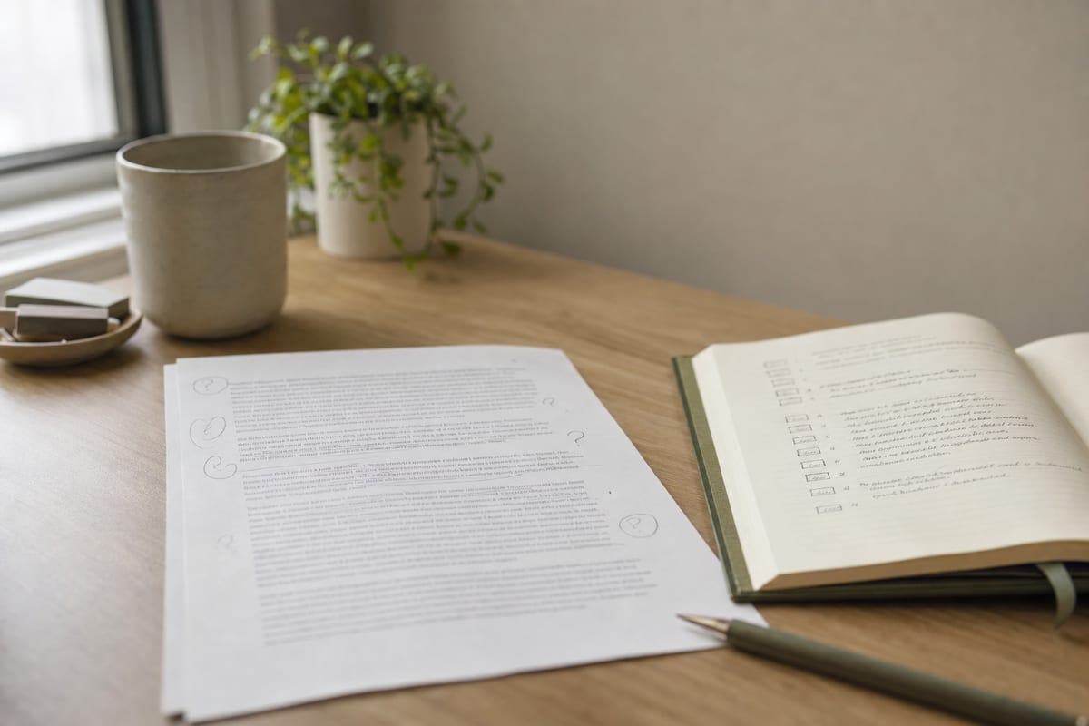 A printed article with margin notes and question marks, beside a notebook of short responses