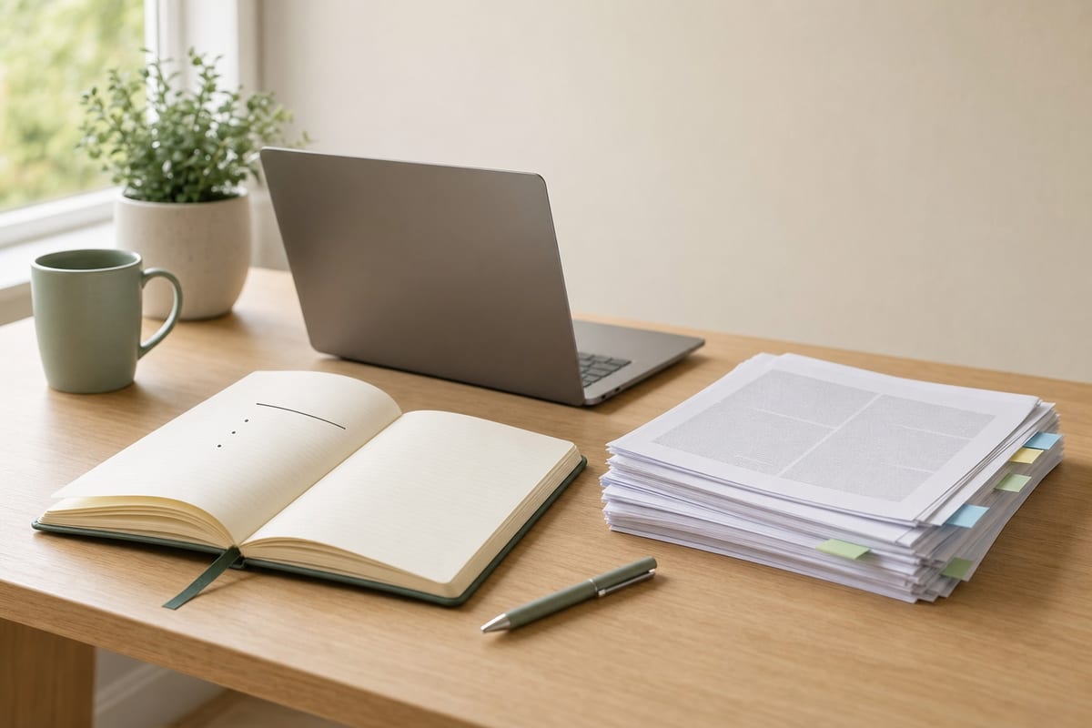 An open notebook with a research question and source titles, beside tabbed printed journal articles
