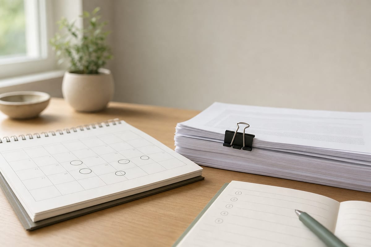 A wall calendar with circled dates beside a thick clipped stack of printed pages
