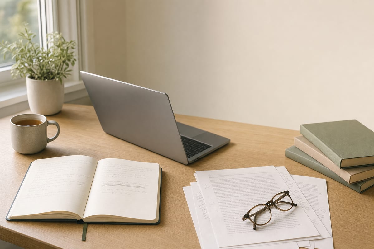 A desk with an open notebook where a thesis sentence has been underlined and rewritten below it
