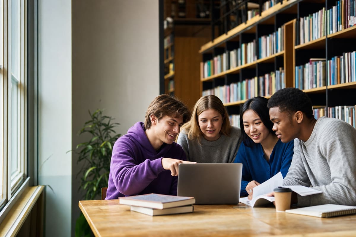 Four students working together over a laptop and open books at a library table
