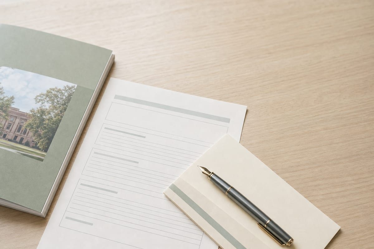 Admission Application Essay — university prospectus, a printed application form and a fountain pen on a folded letter