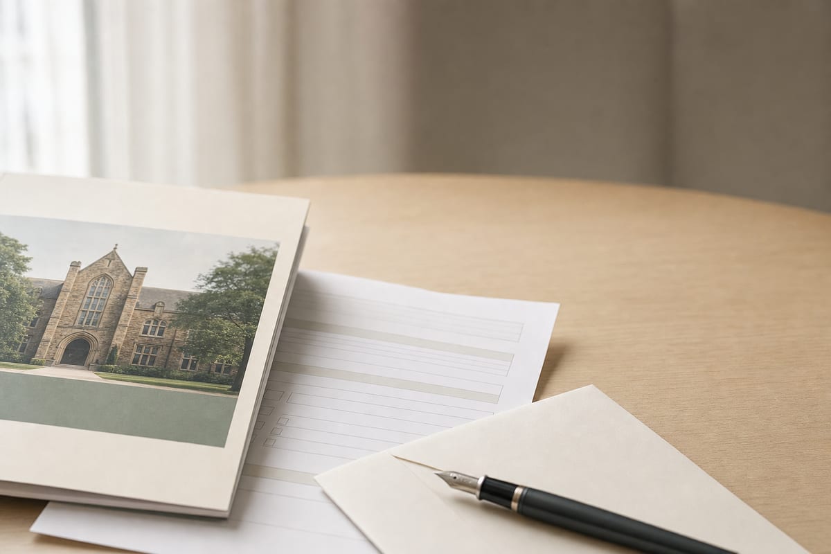 Admission Editing — university prospectus, a printed application form and a fountain pen on a folded letter