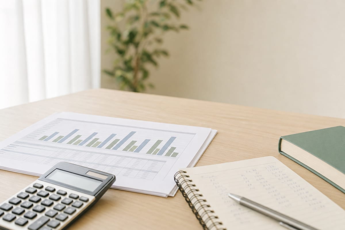 Business Essay — printed spreadsheet with a bar chart, a calculator and a notebook of figures