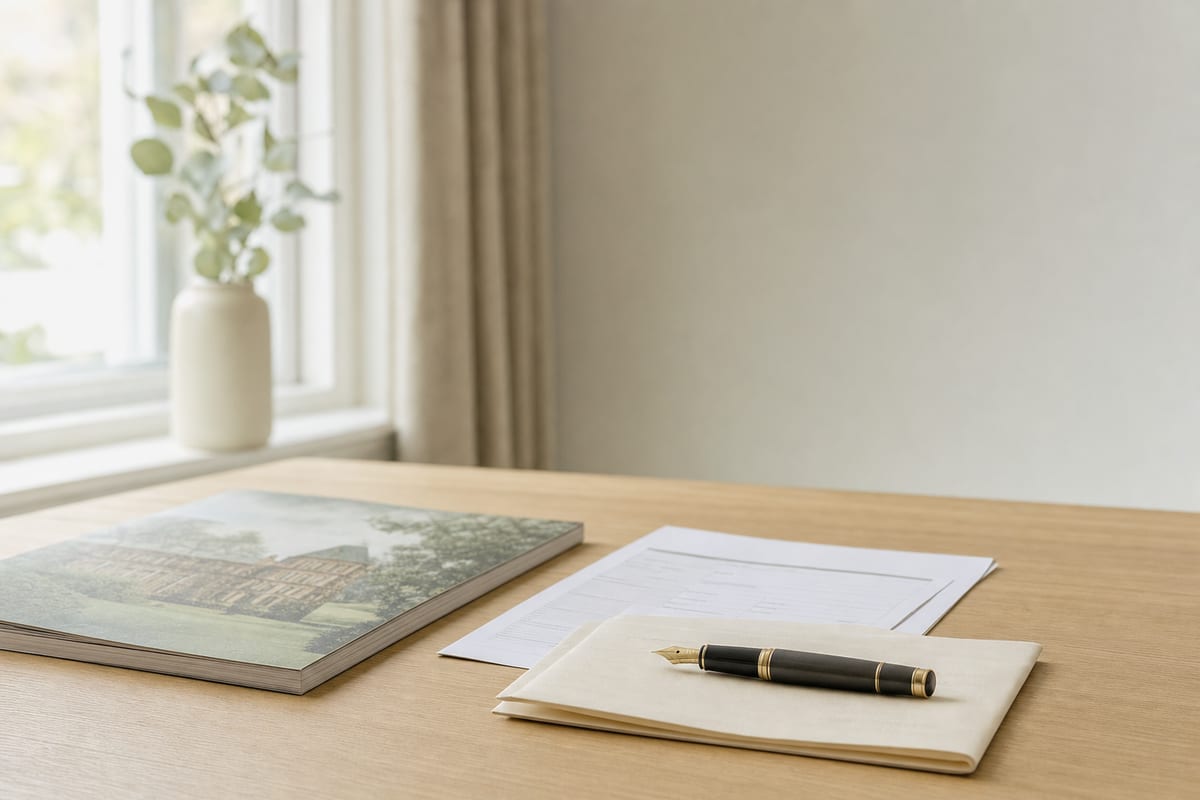 Buy Personal Statement — university prospectus, a printed application form and a fountain pen on a folded letter