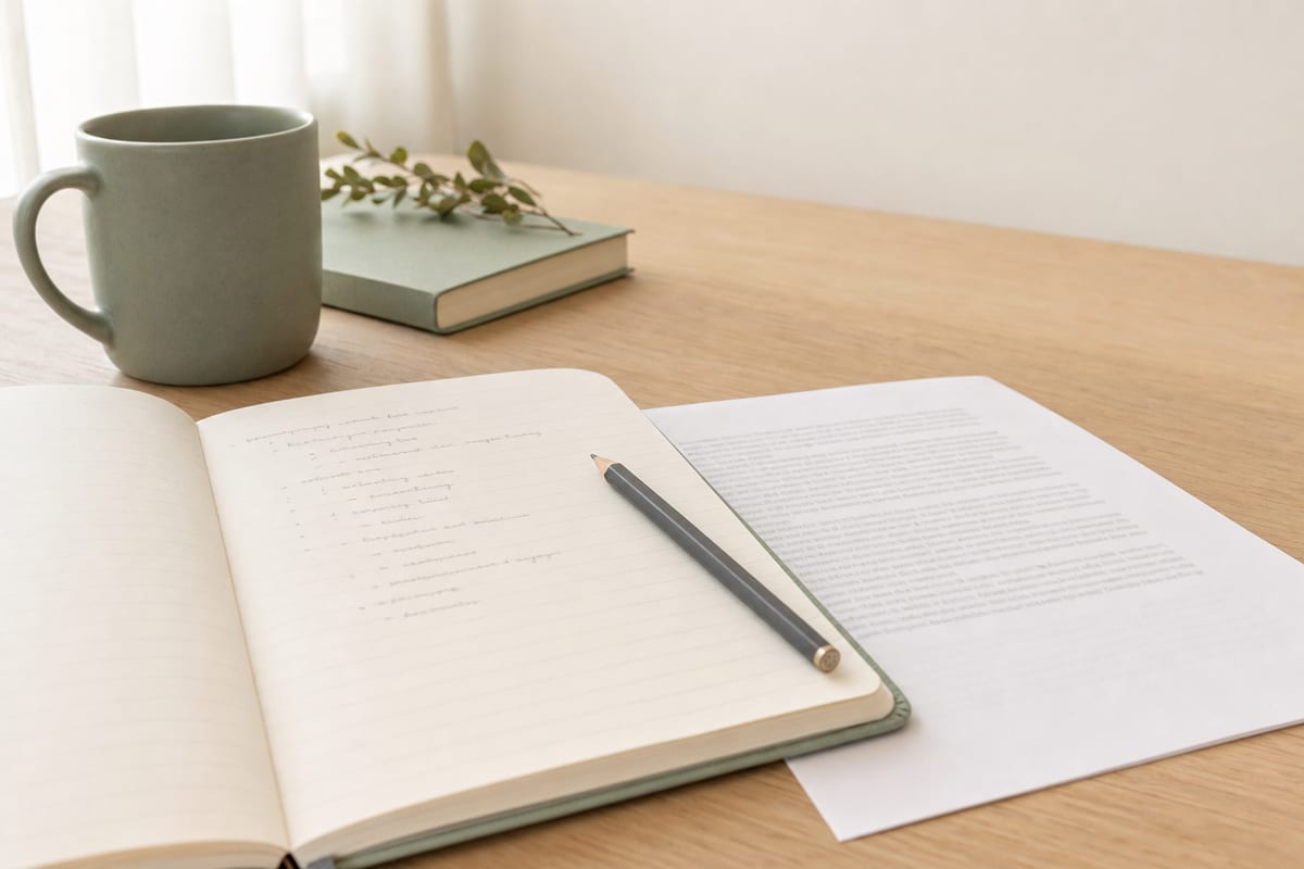 Compare And Contrast Essay — open notebook with a short outline in pencil