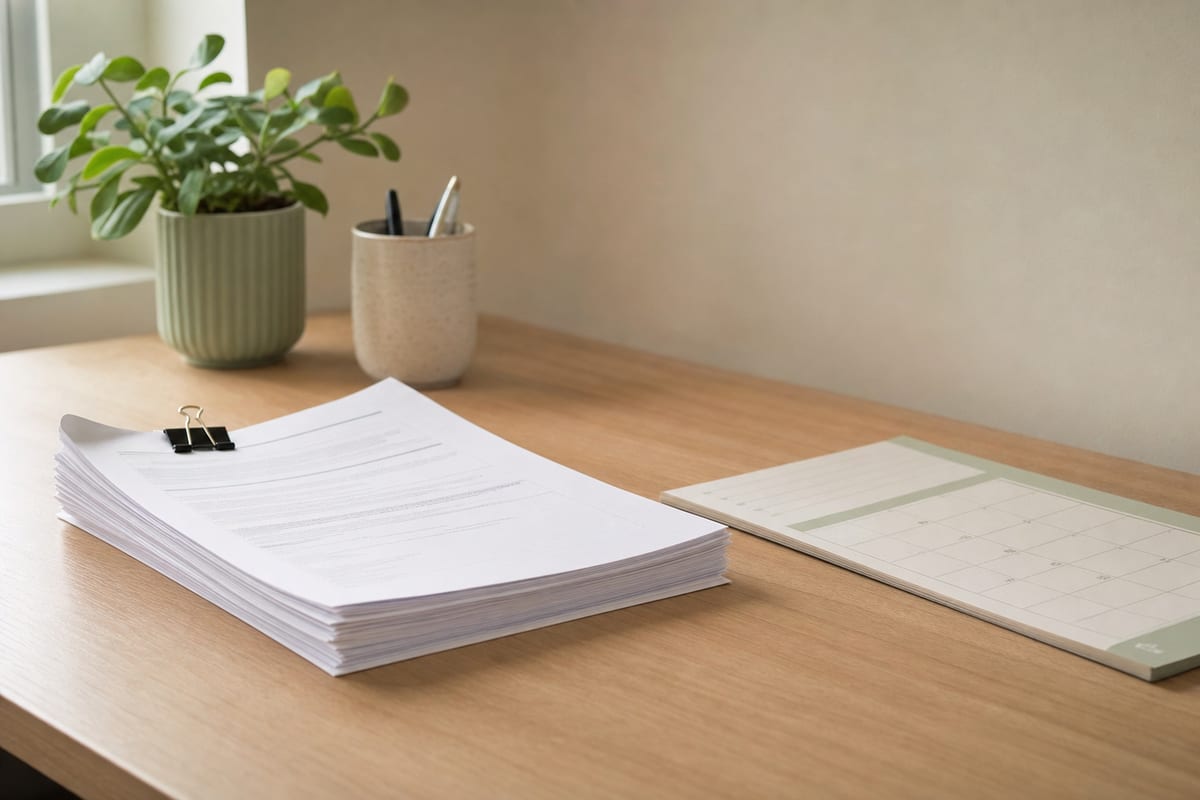 Coursework — stack of printed assignment sheets held with a binder clip
