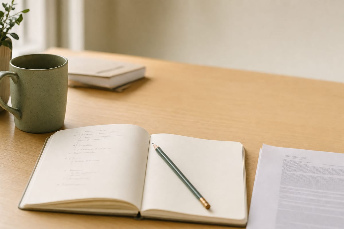 Critical Essay — open notebook with a short outline in pencil