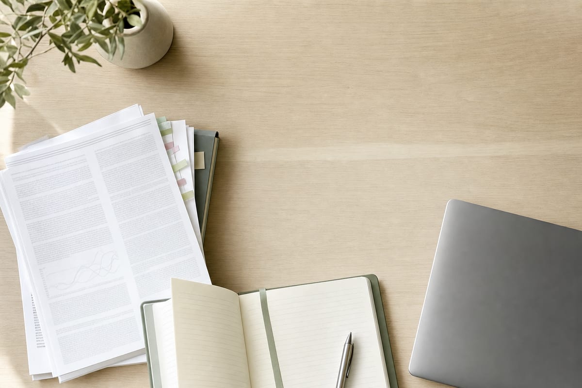 Custom Paper FAQ — printed journal articles with coloured tabs, an open notebook and a laptop turned away
