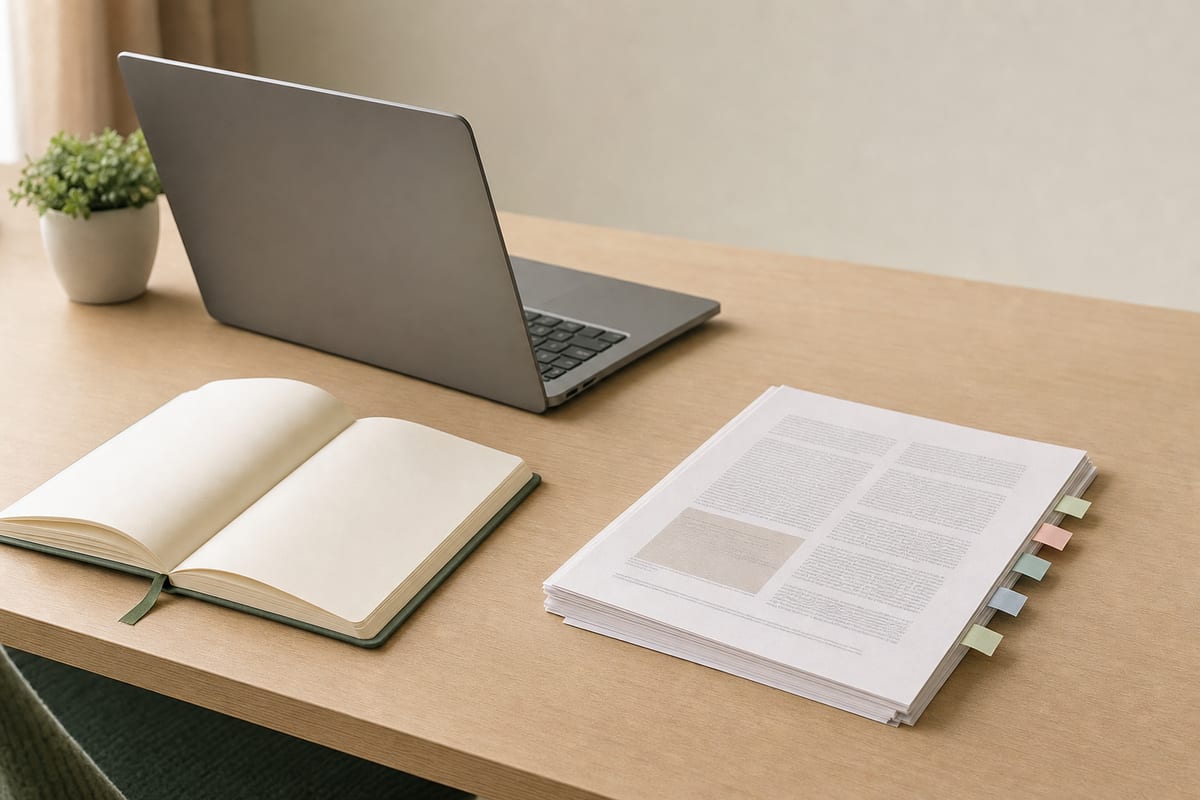 Custom Term Paper — printed journal articles with coloured tabs, an open notebook and a laptop turned away