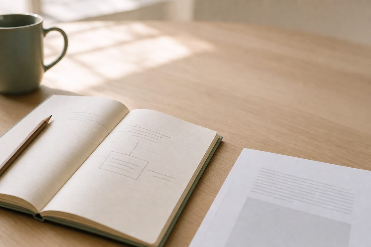Description Essay — open notebook with a short outline in pencil