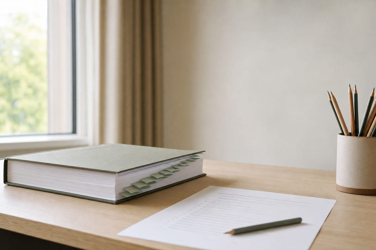Dissertation Editing — thick bound manuscript with chapter tabs, a printed contents page and a pot of pencils