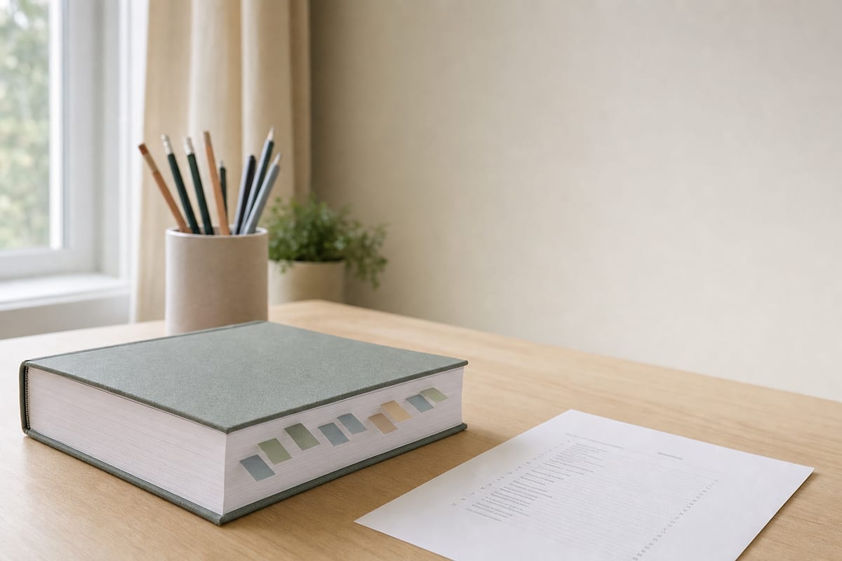 Dissertation Services — thick bound manuscript with chapter tabs, a printed contents page and a pot of pencils