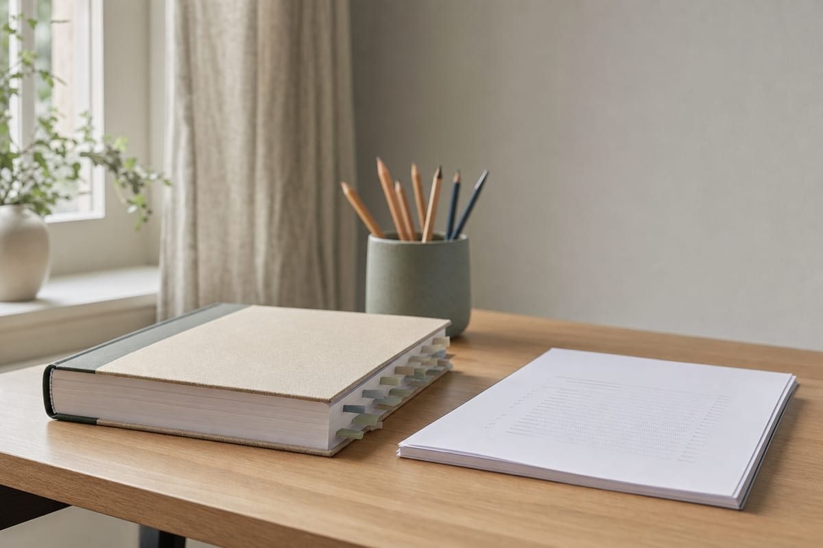 Dissertation — thick bound manuscript with chapter tabs, a printed contents page and a pot of pencils