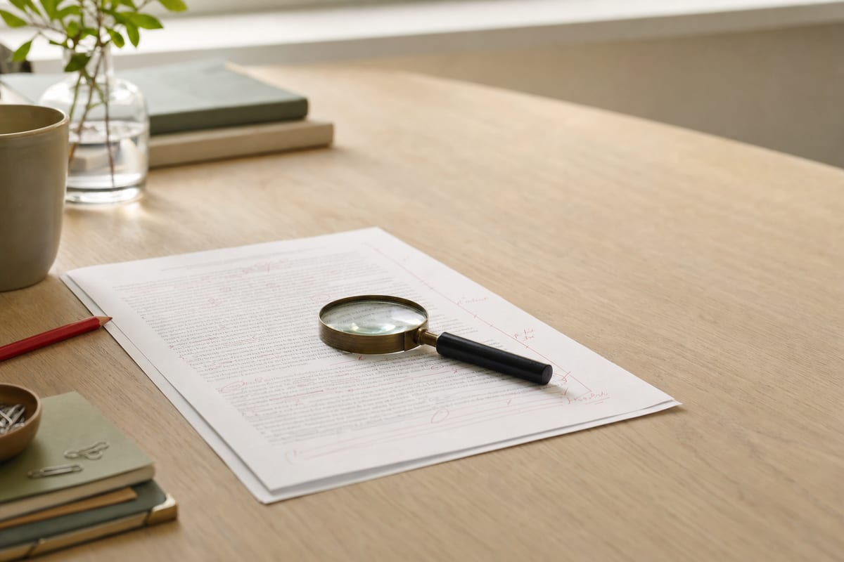 Doc Editing — printed page marked up in red pencil with proof marks in the margin and a magnifier resting on it