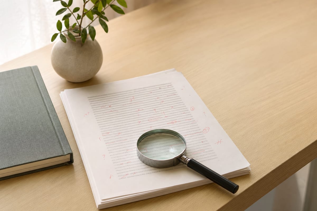 Doc Proofreading — printed page marked up in red pencil with proof marks in the margin and a magnifier resting on it