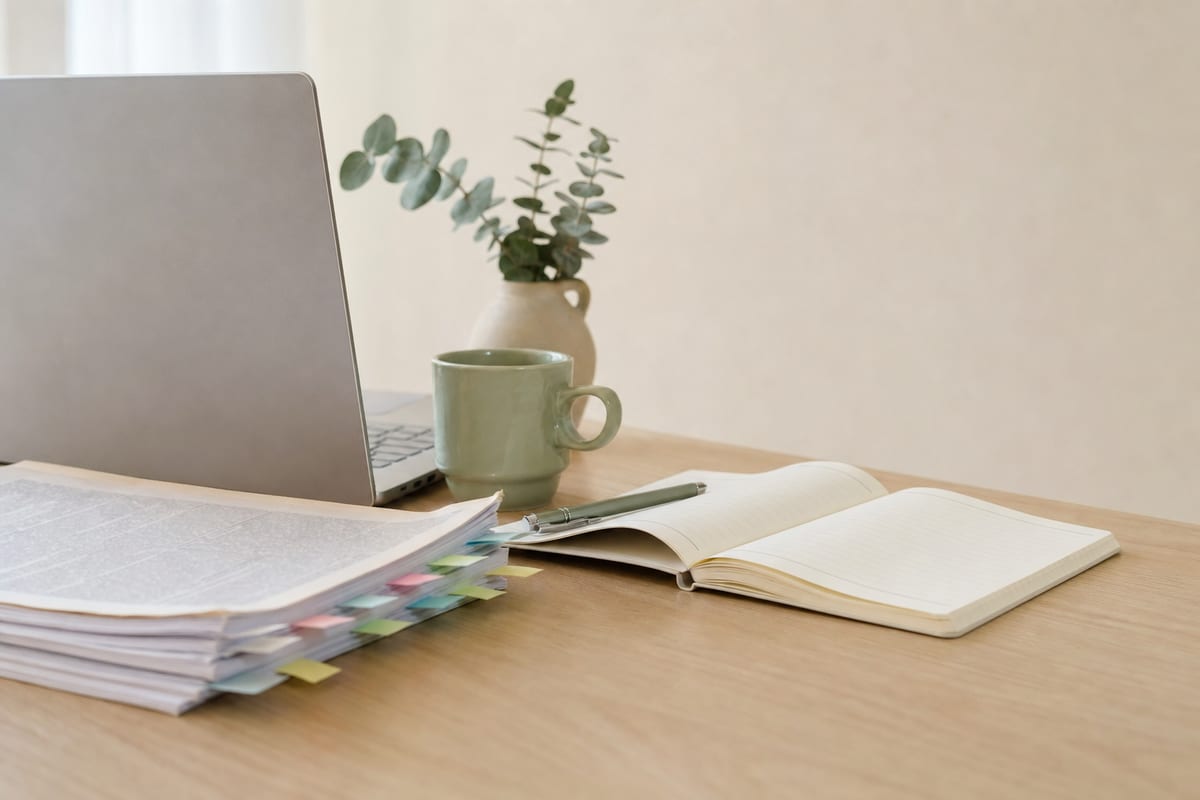 College Paper Writing Service — printed journal articles with coloured tabs, an open notebook and a laptop turned away