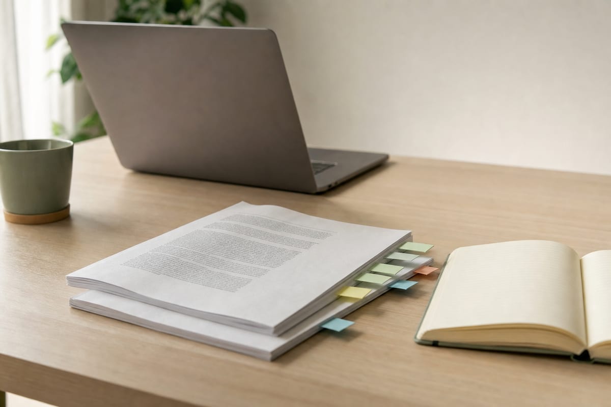 Academic Papers — printed journal articles with coloured tabs, an open notebook and a laptop turned away