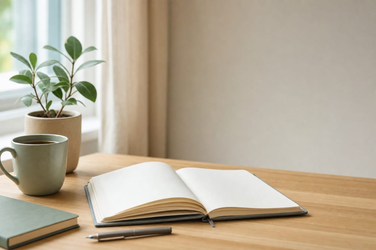 Essay Writers — tidy desk with an open notebook, a mug of tea and a small plant by the window