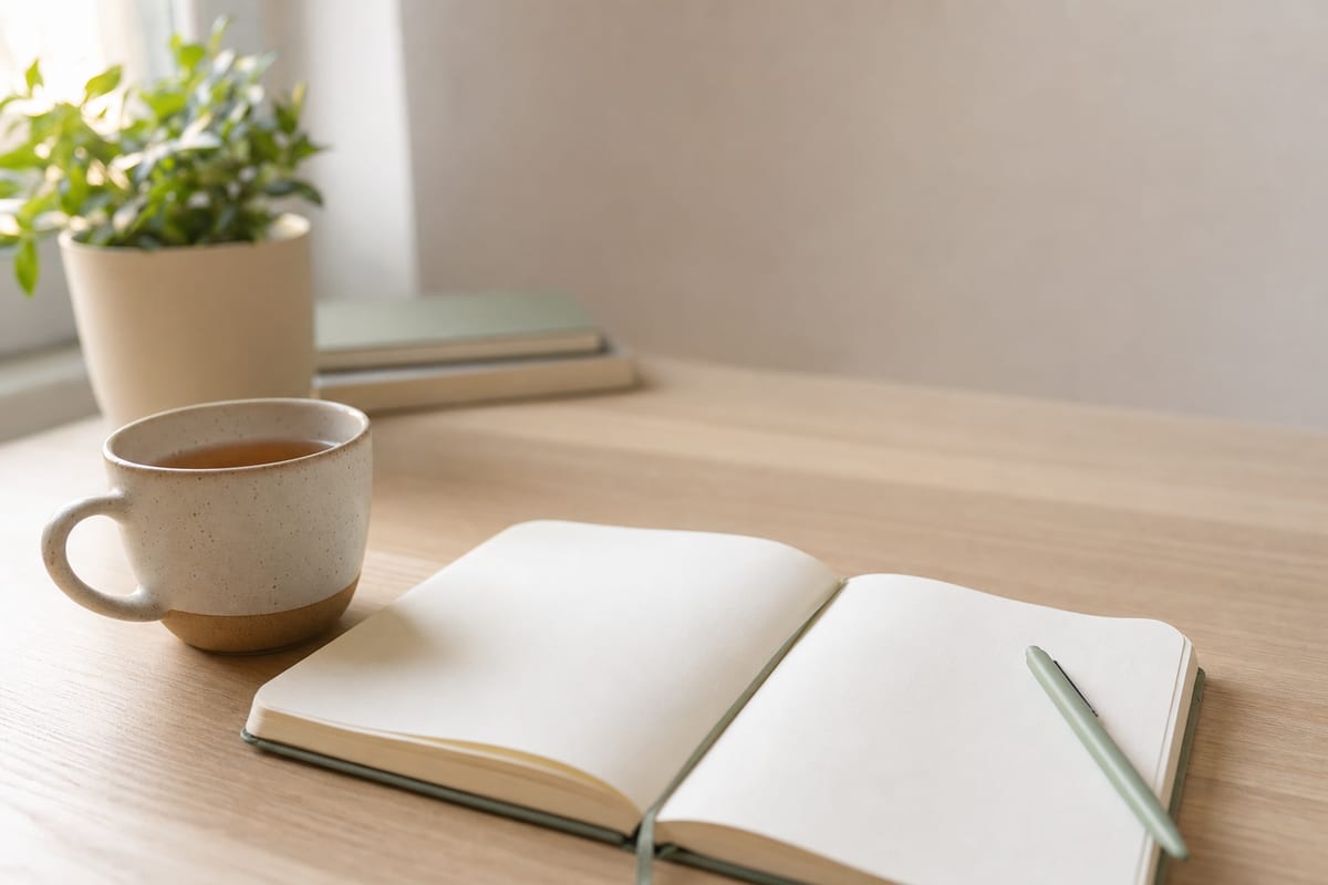 FAQ — tidy desk with an open notebook, a mug of tea and a small plant by the window