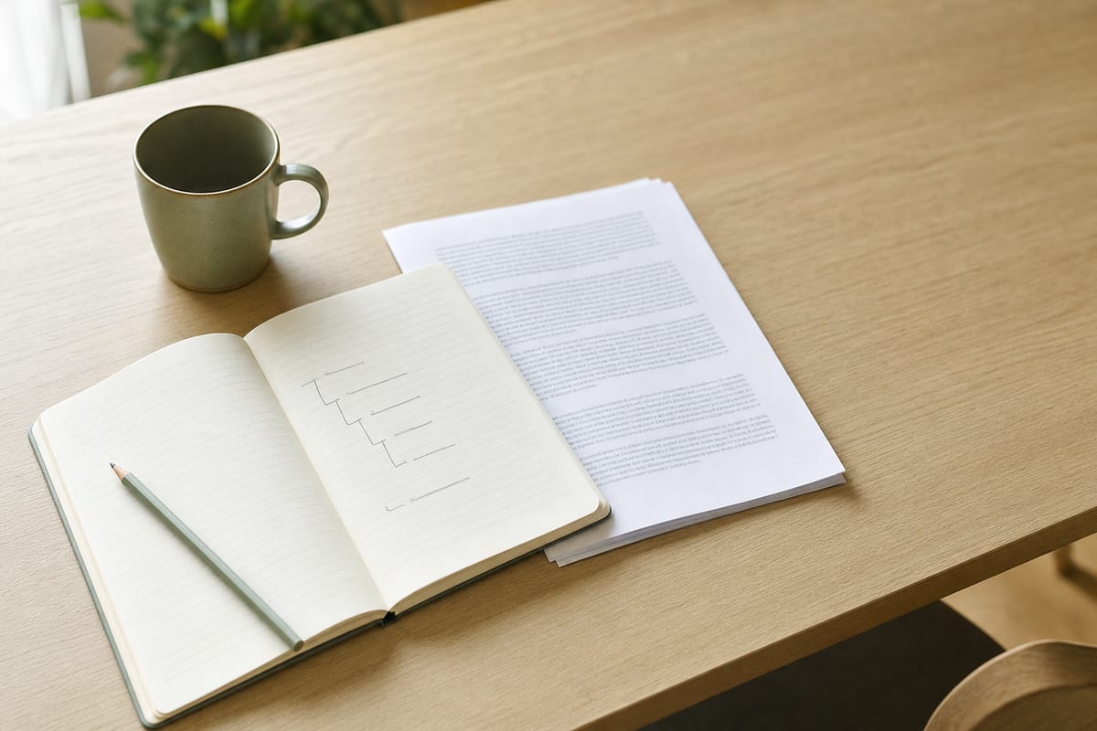 Five Paragraph Essay — open notebook with a short outline in pencil
