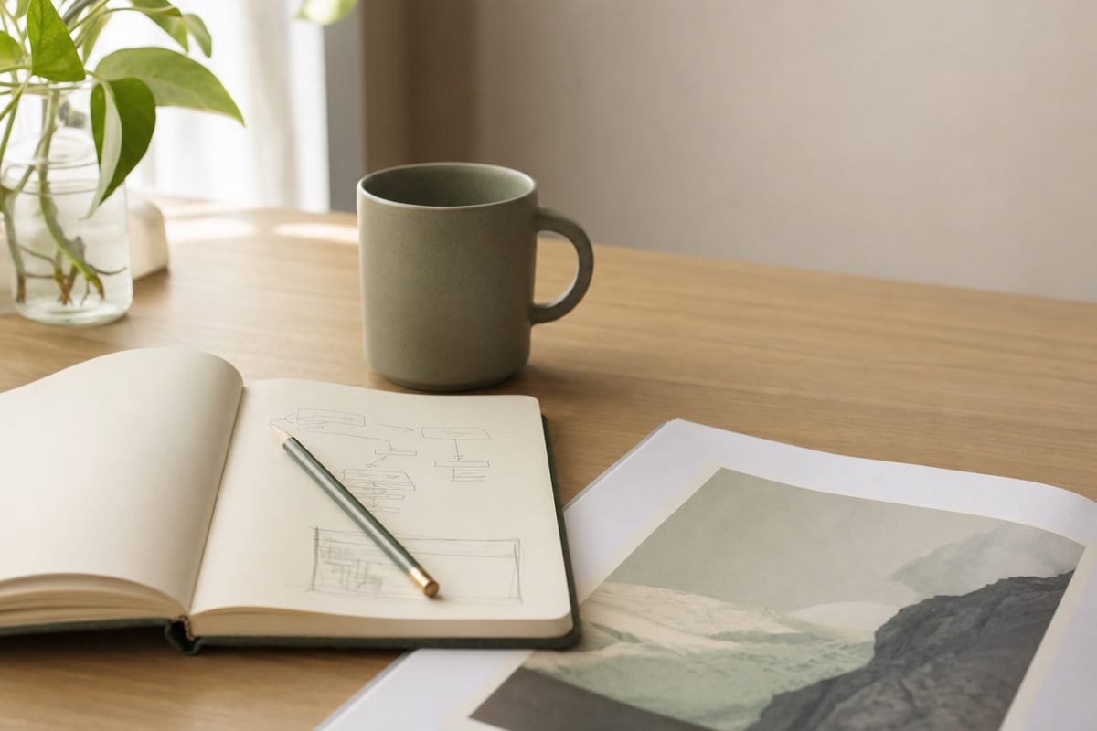 Illustration Essay — open notebook with a short outline in pencil
