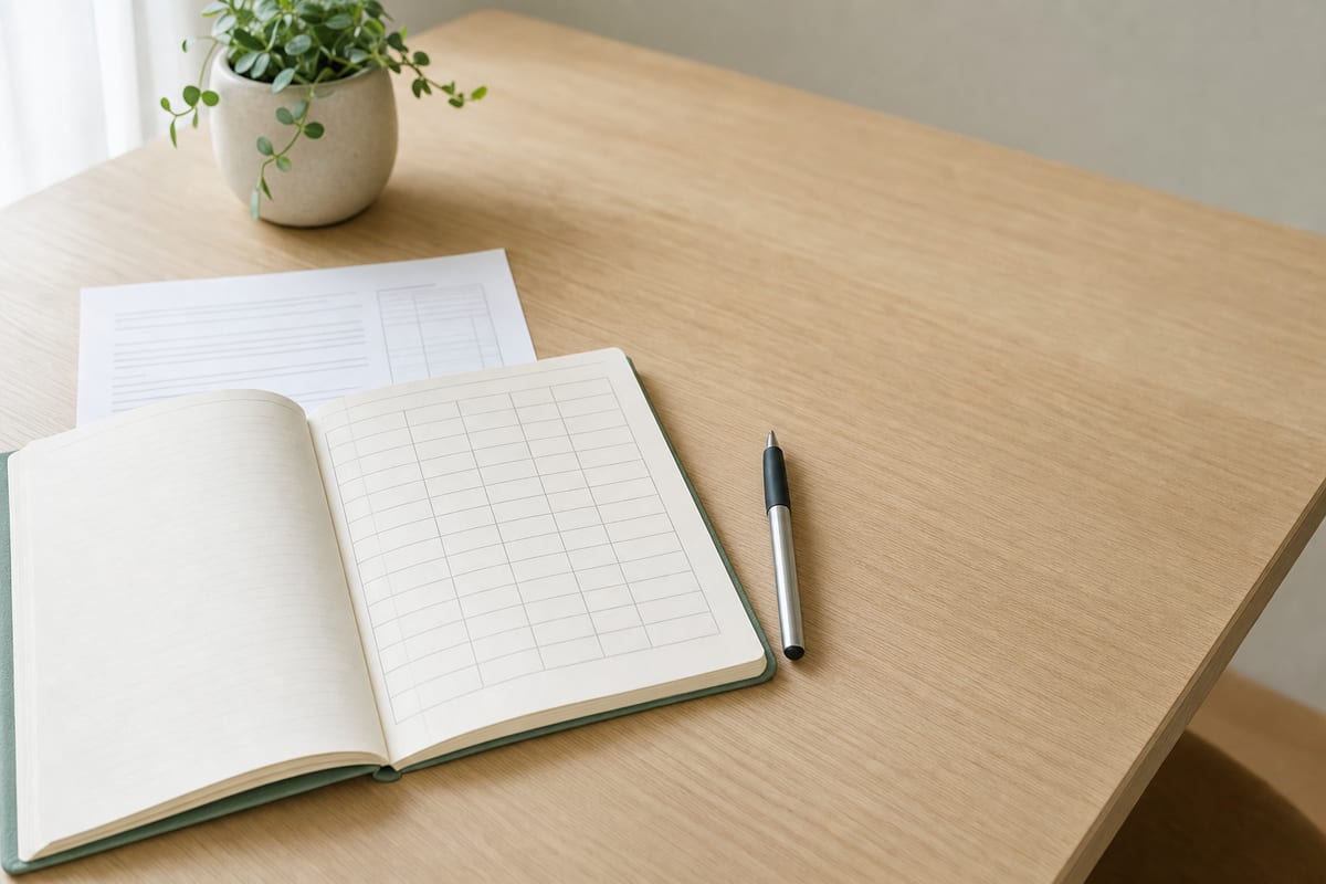 Lab Report — lab notebook with a results table, a printed method sheet and a pen