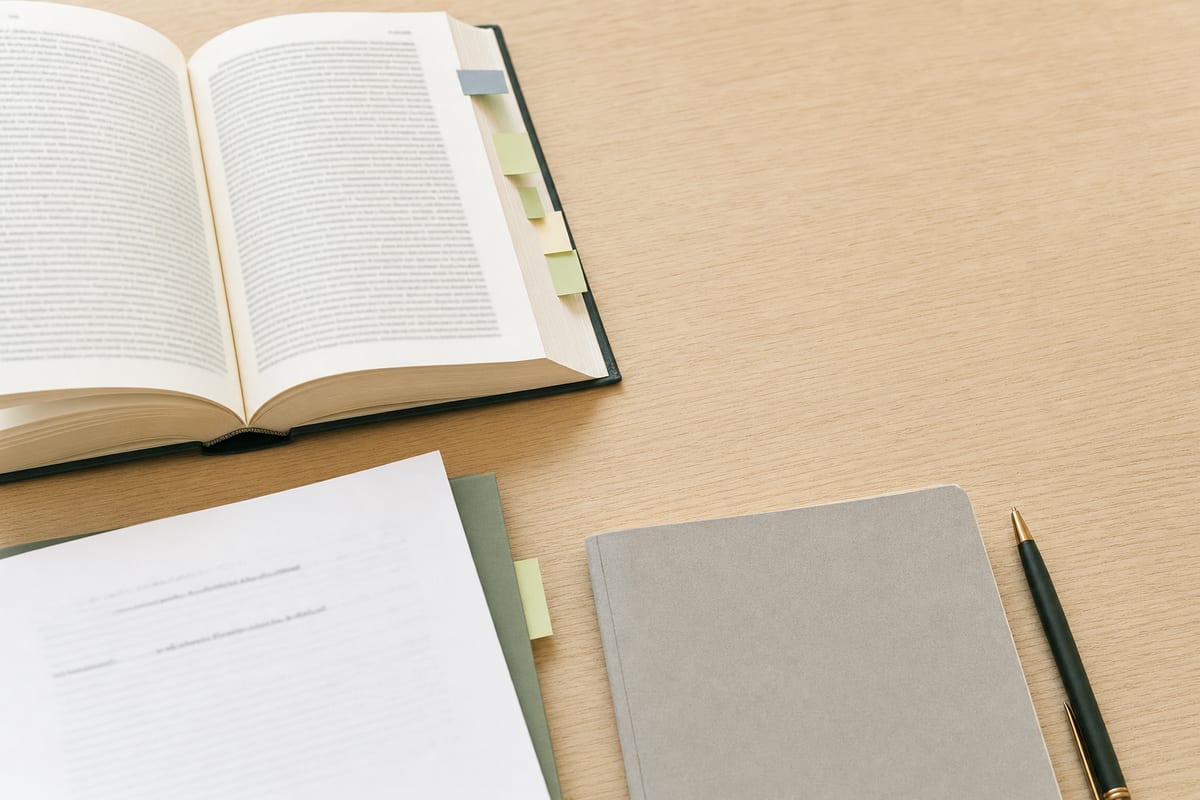 Law — legal casebook open with sticky tabs, a printed statute page and a plain notebook