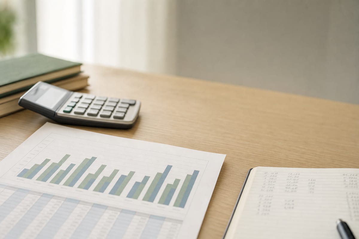 Marketing — printed spreadsheet with a bar chart, a calculator and a notebook of figures