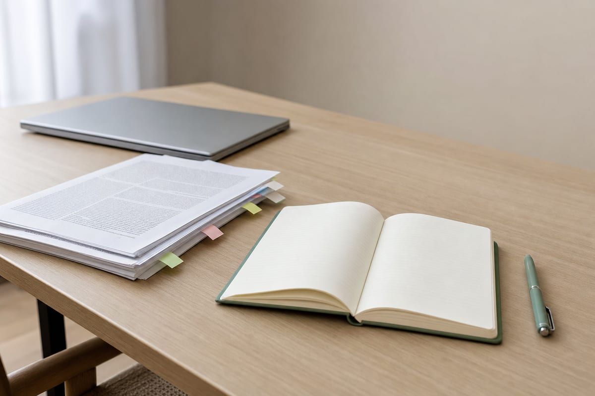 MLA Research Paper — printed journal articles with coloured tabs, an open notebook and a laptop turned away