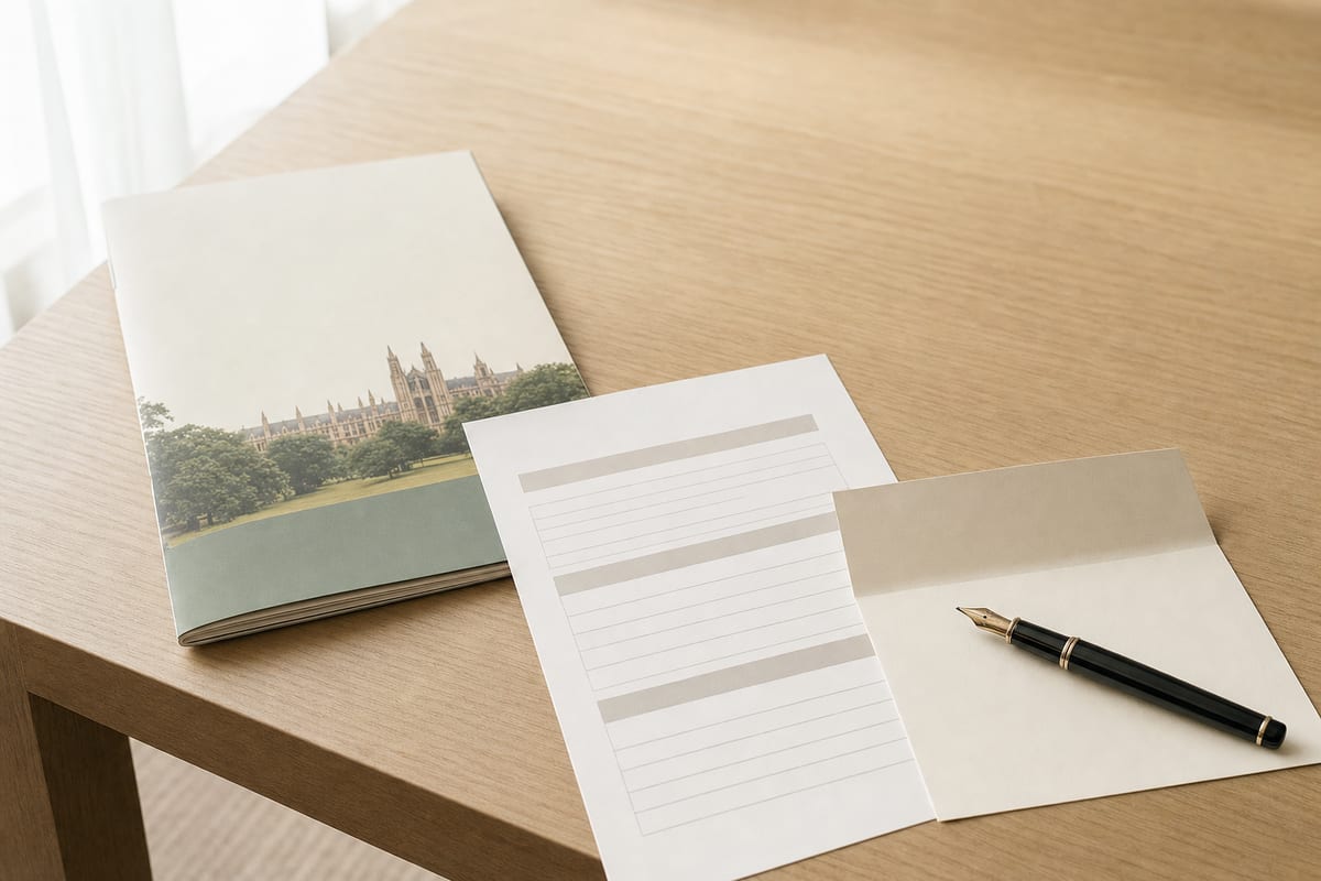 Personal Statement — university prospectus, a printed application form and a fountain pen on a folded letter