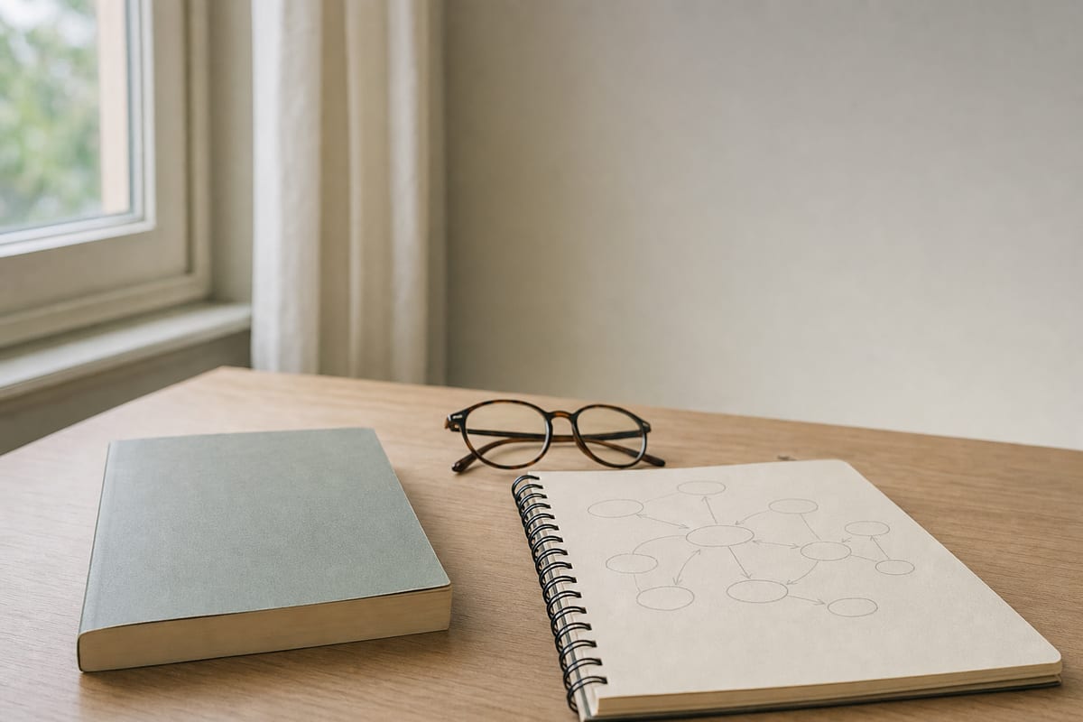 Philosophy — academic paperback face down, a notebook with a concept map in pencil and reading glasses